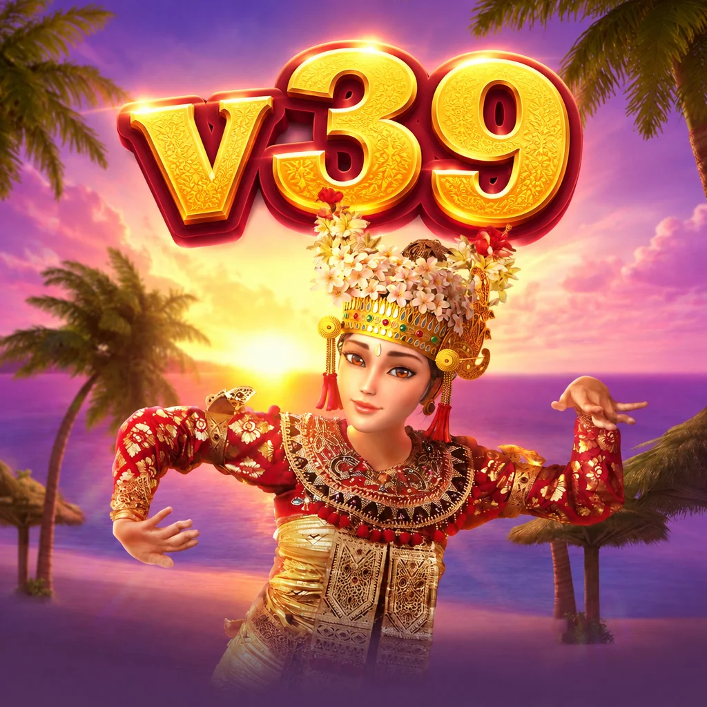 Penari tradisional Bali di tepi pantai saat matahari terbenam dengan logo v39