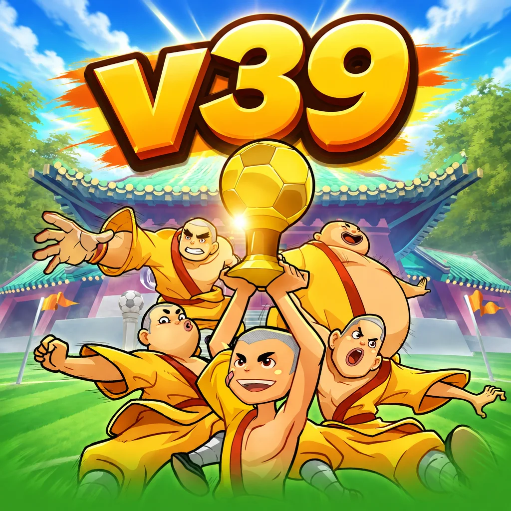 Karakter biksu muda bermain sepak bola dalam Shaolin Soccer dengan logo v39