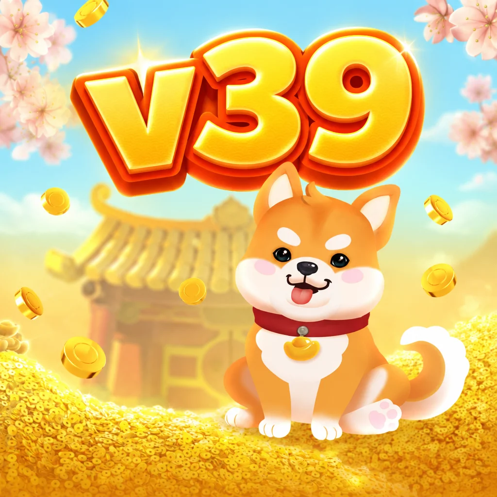 Karakter anjing Shiba Inu lucu di atas tumpukan koin emas dengan logo v39